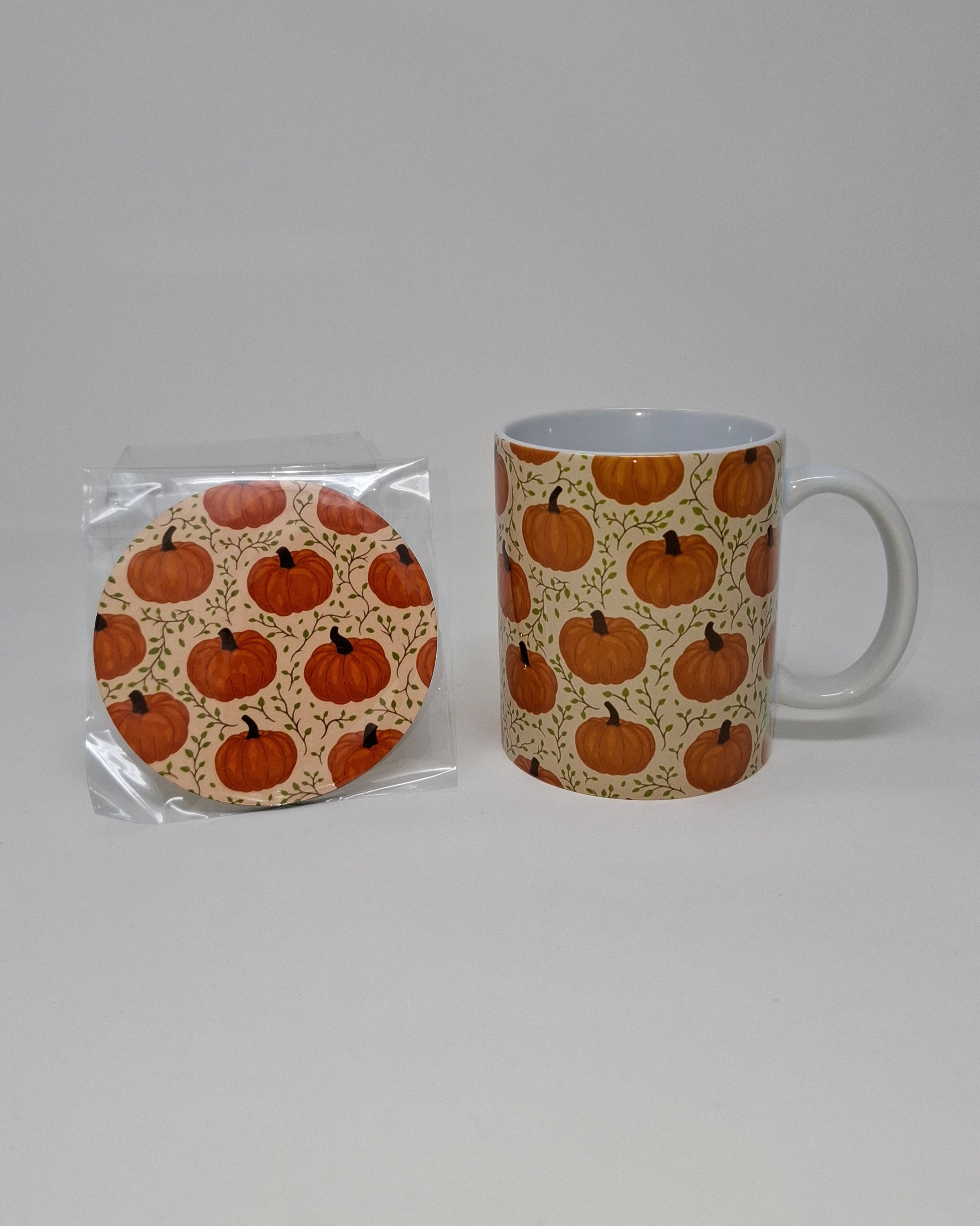 Pumpkin with Vines Mug and Circular Coaster Set
