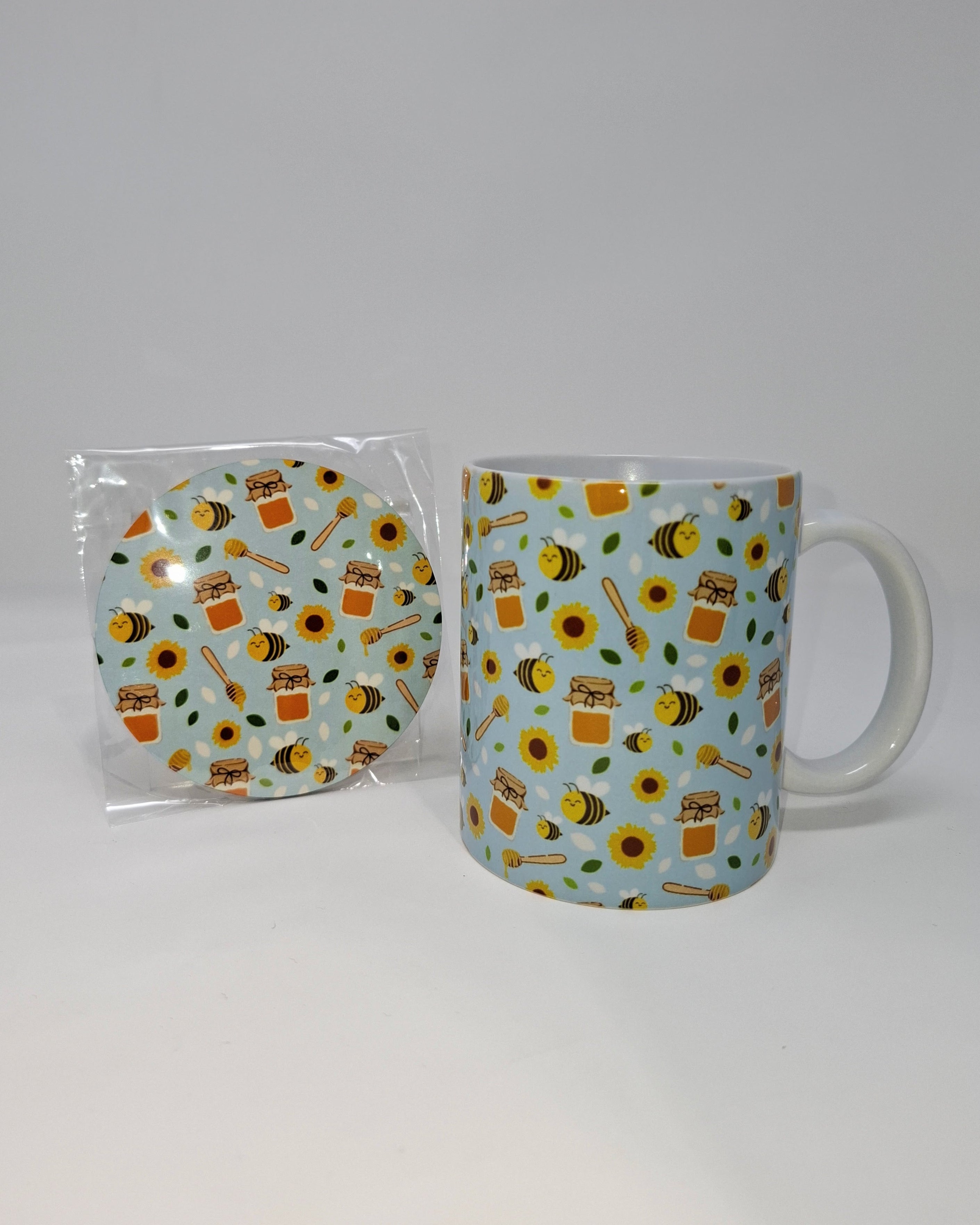 Blue Bee Mug and Circular Coaster Set