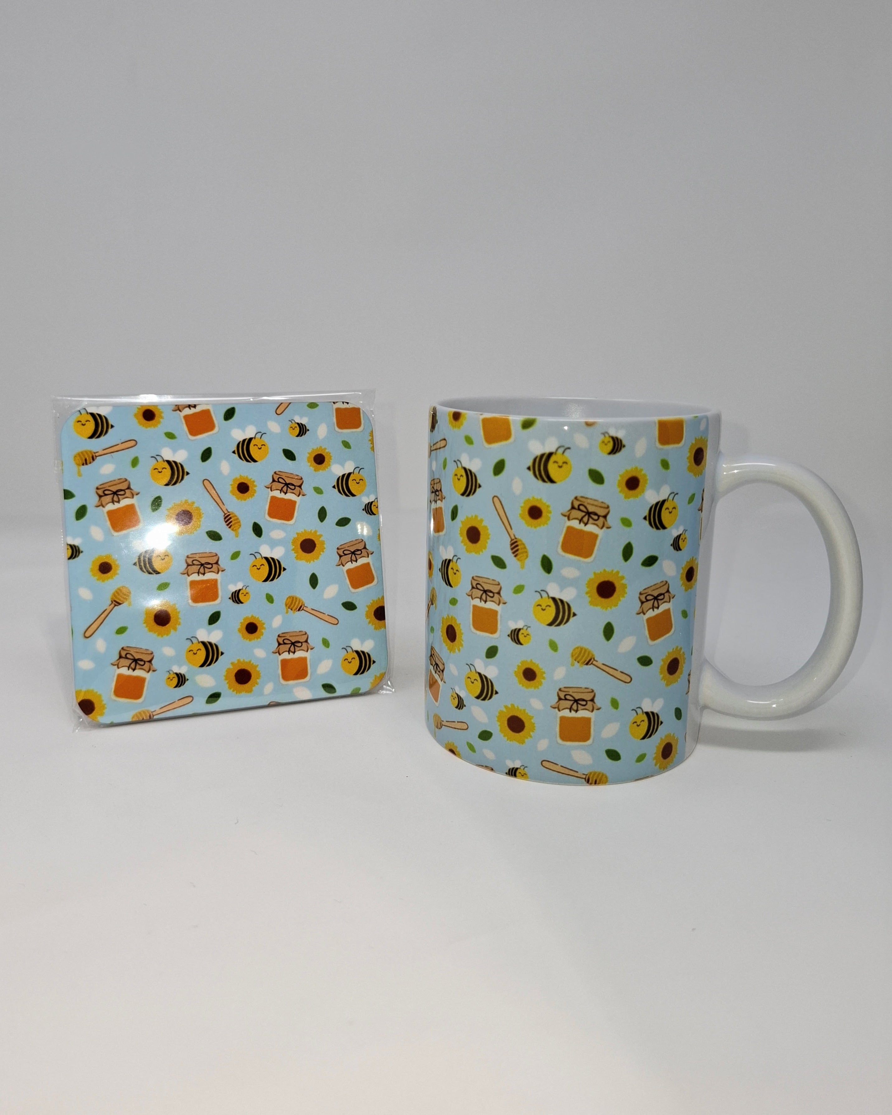 Blue Bee Mug and Square Coaster Set