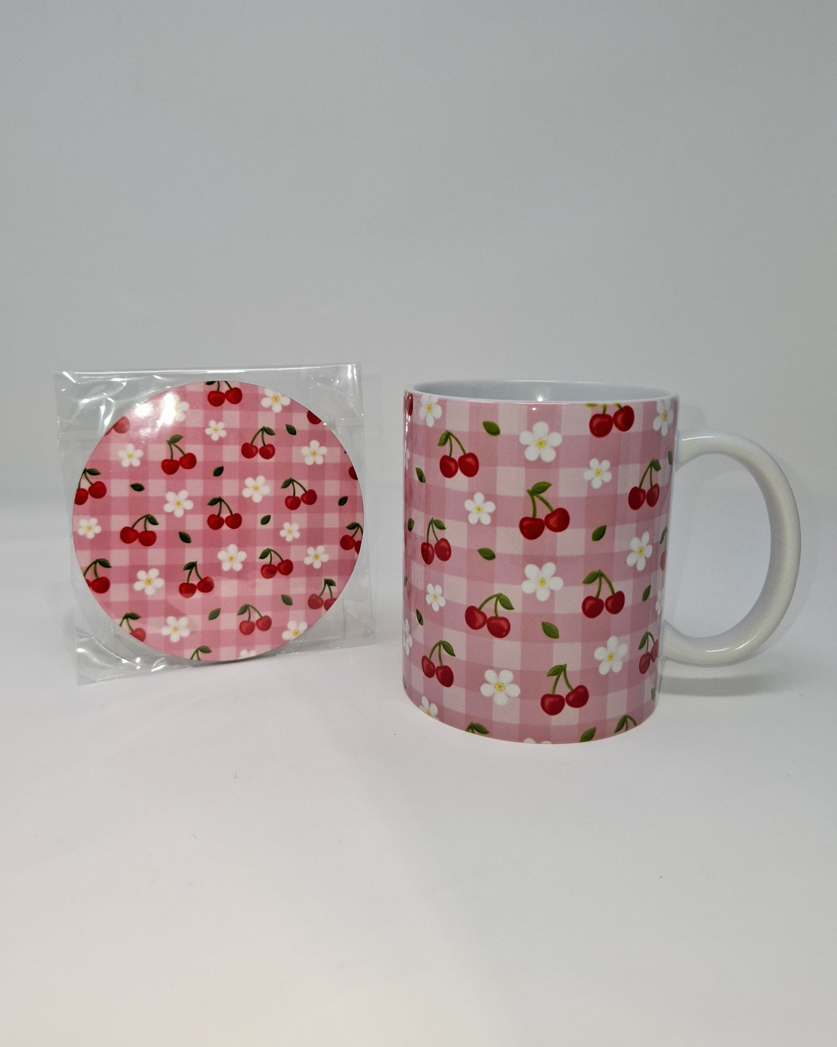 Cherry Bloom Picnic Mug and Circular Coaster Set