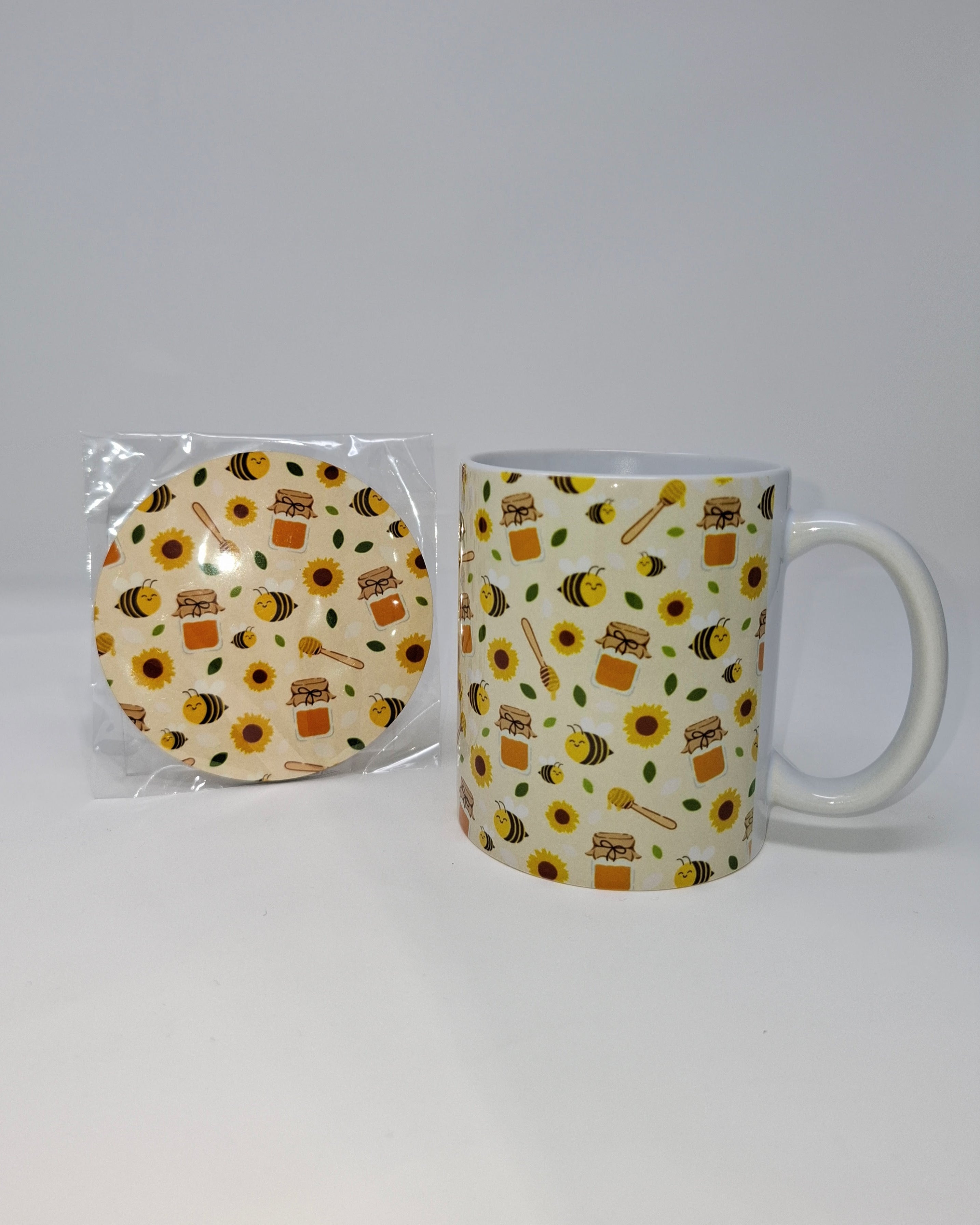 Yellow Bee Mug and Circular Coaster Set
