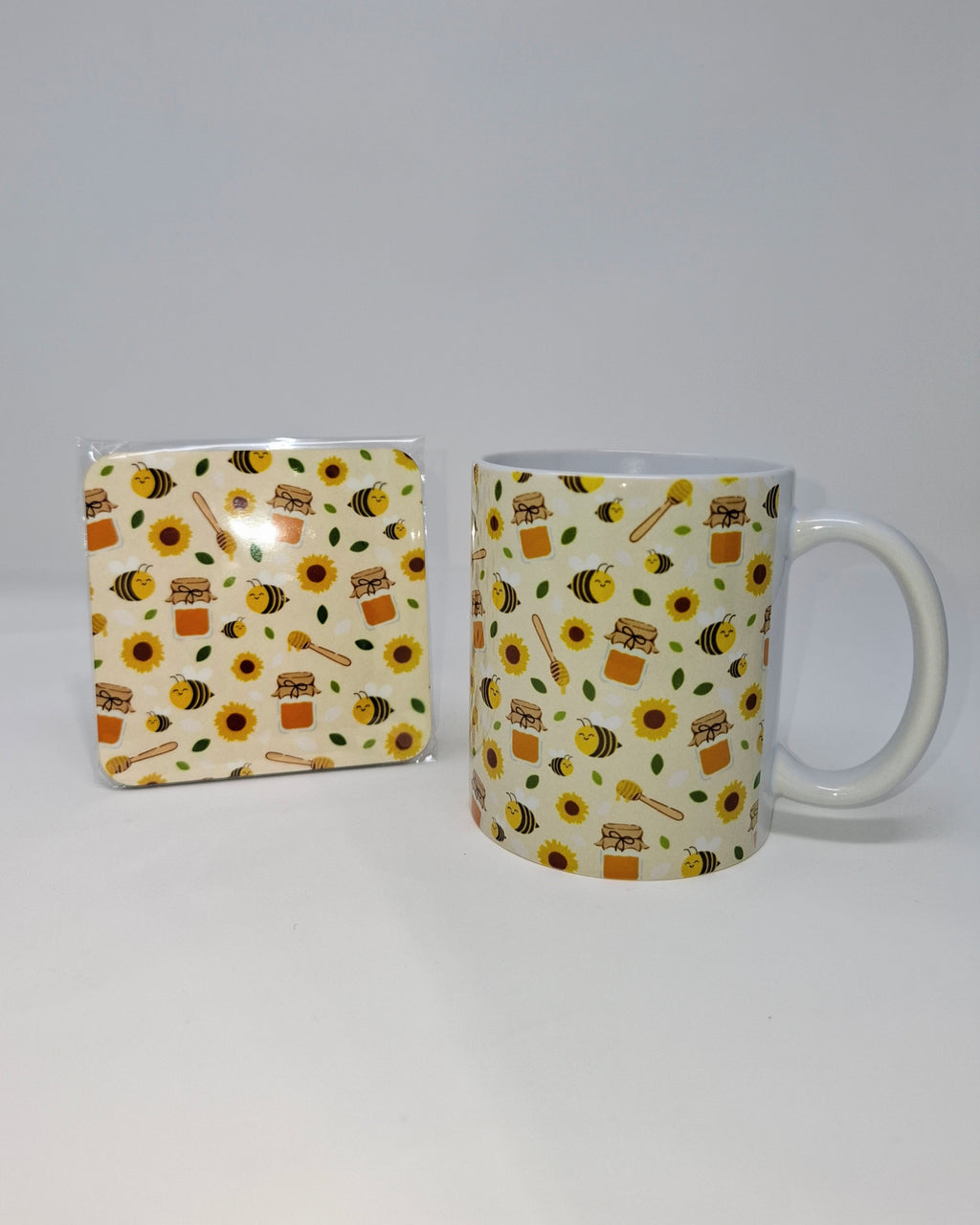 Yellow Bee Mug and Square Coaster Set