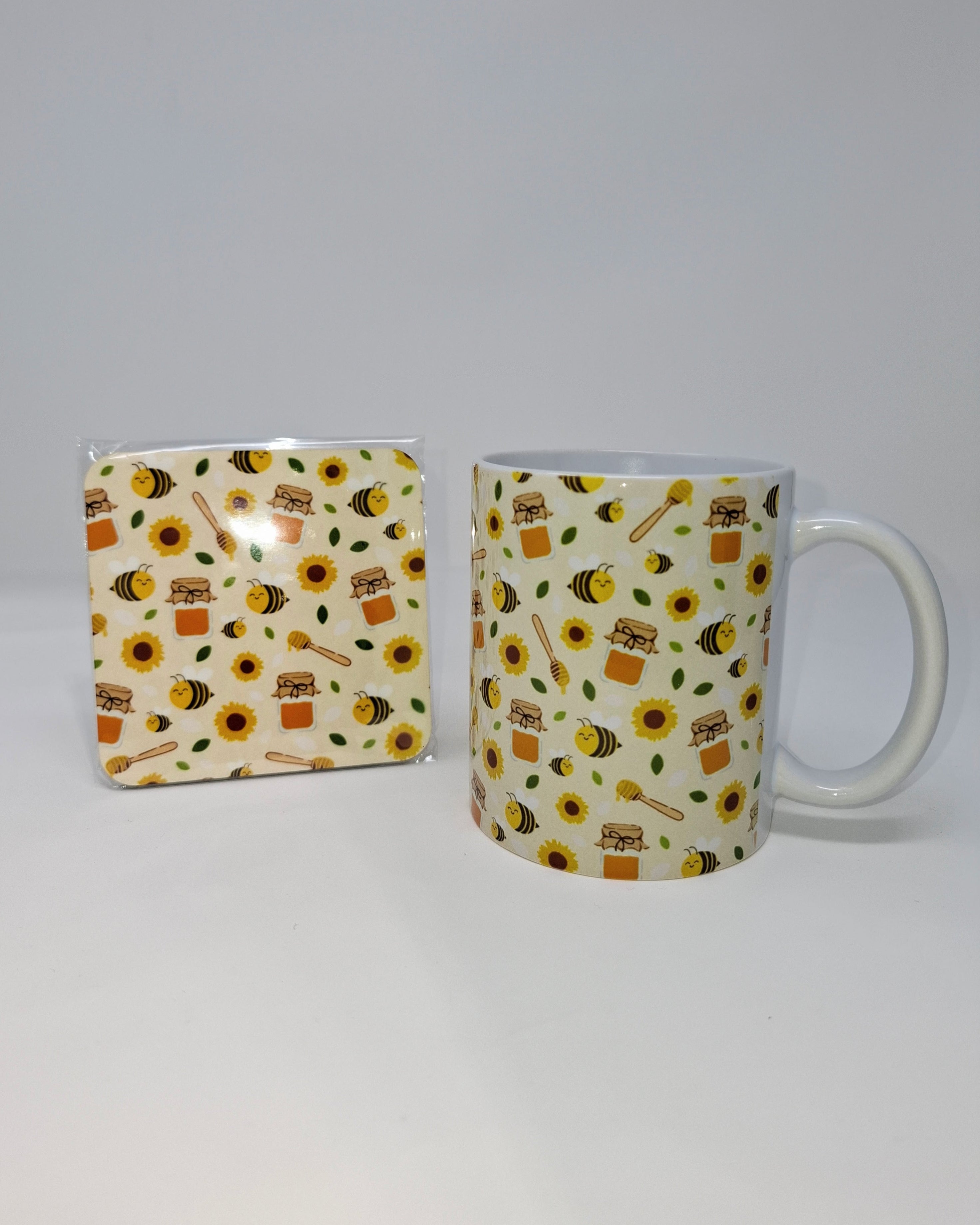 Yellow Bee Mug and Square Coaster Set