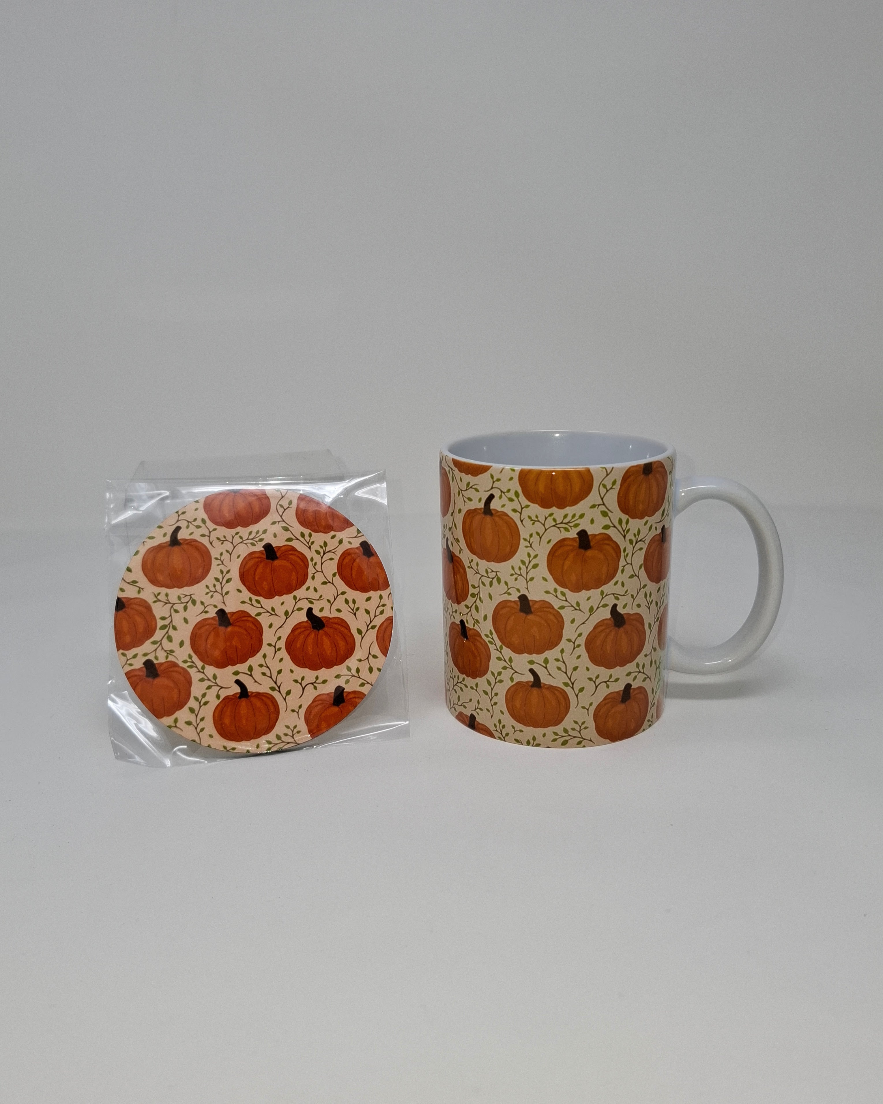 Pumpkin with Vines Mug and Circular Coaster Set