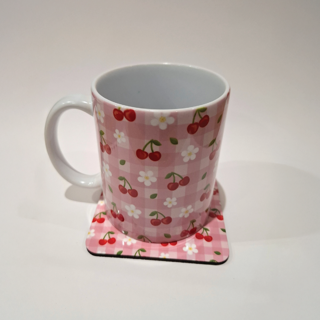 Cherry Bloom Picnic Mug and Square Coaster Set