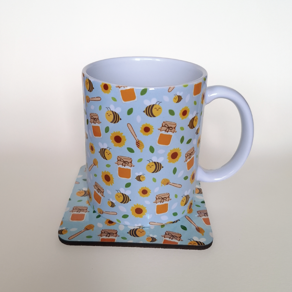 Blue Bee Mug and Square Coaster Set